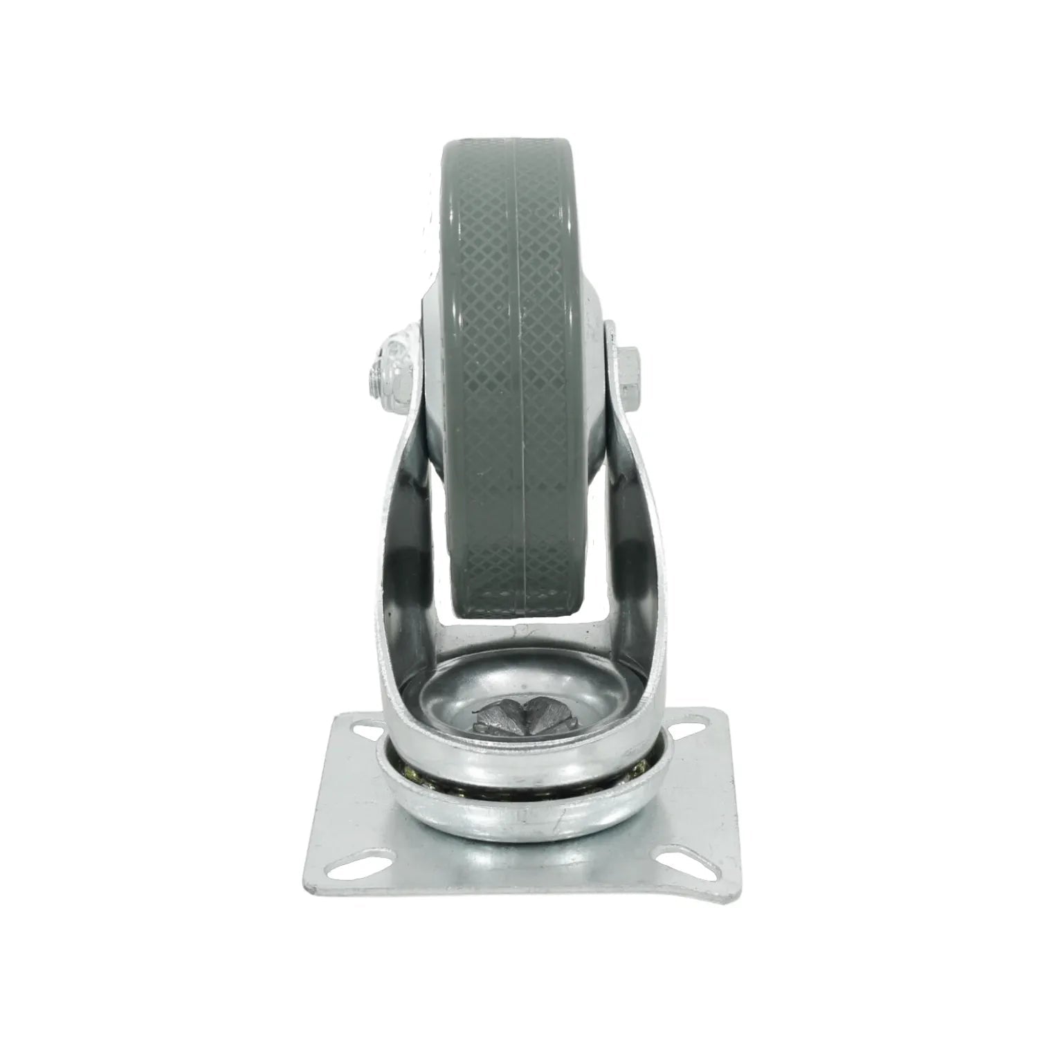 Rodaja giratoria con rueda de goma gris, soporte metálico galvanizado y placa cuadrada para carritos industriales.
