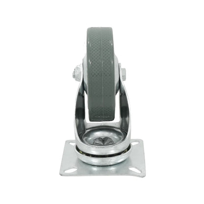 Rodaja giratoria con rueda de goma gris, soporte metálico galvanizado y placa cuadrada para carritos industriales.