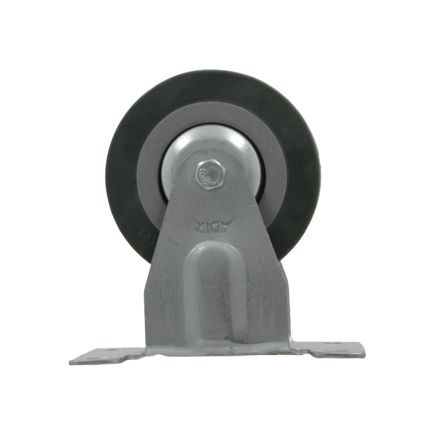 Rodaja Adir fija de 3 pulgadas, rueda de goma oscura y soporte de acero galvanizado.