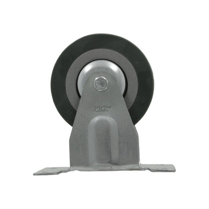 Rodaja Adir fija de 3 pulgadas, rueda de goma oscura y soporte de acero galvanizado.