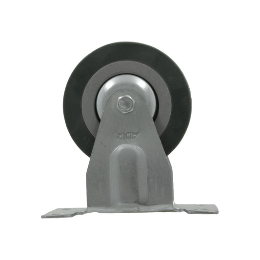 Rodaja Adir fija de 3 pulgadas, rueda de goma oscura y soporte de acero galvanizado.