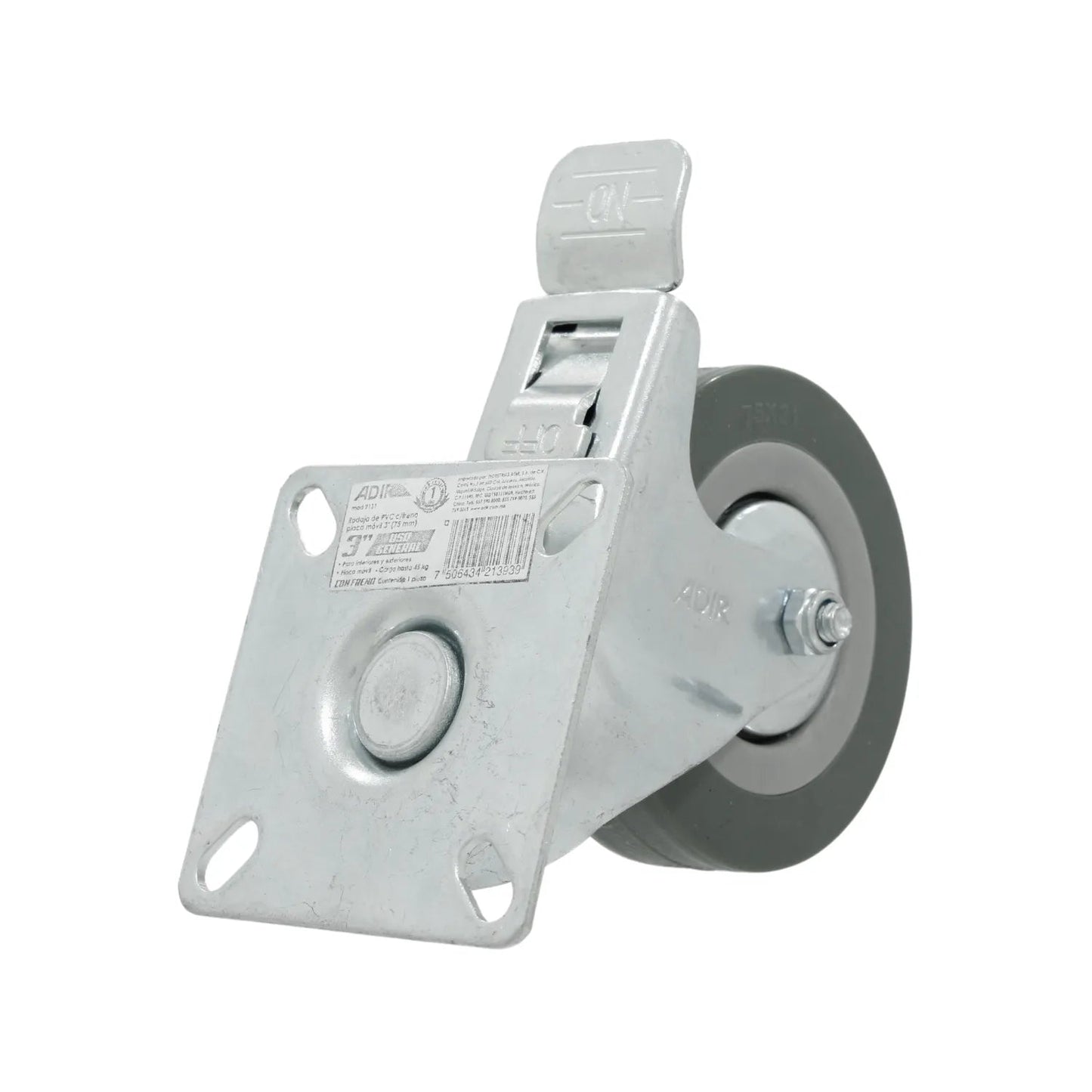 Rodaja giratoria Adir 3" (75mm) con freno, rueda gris PVC/ureno, carga 45kg para muebles y equipos.