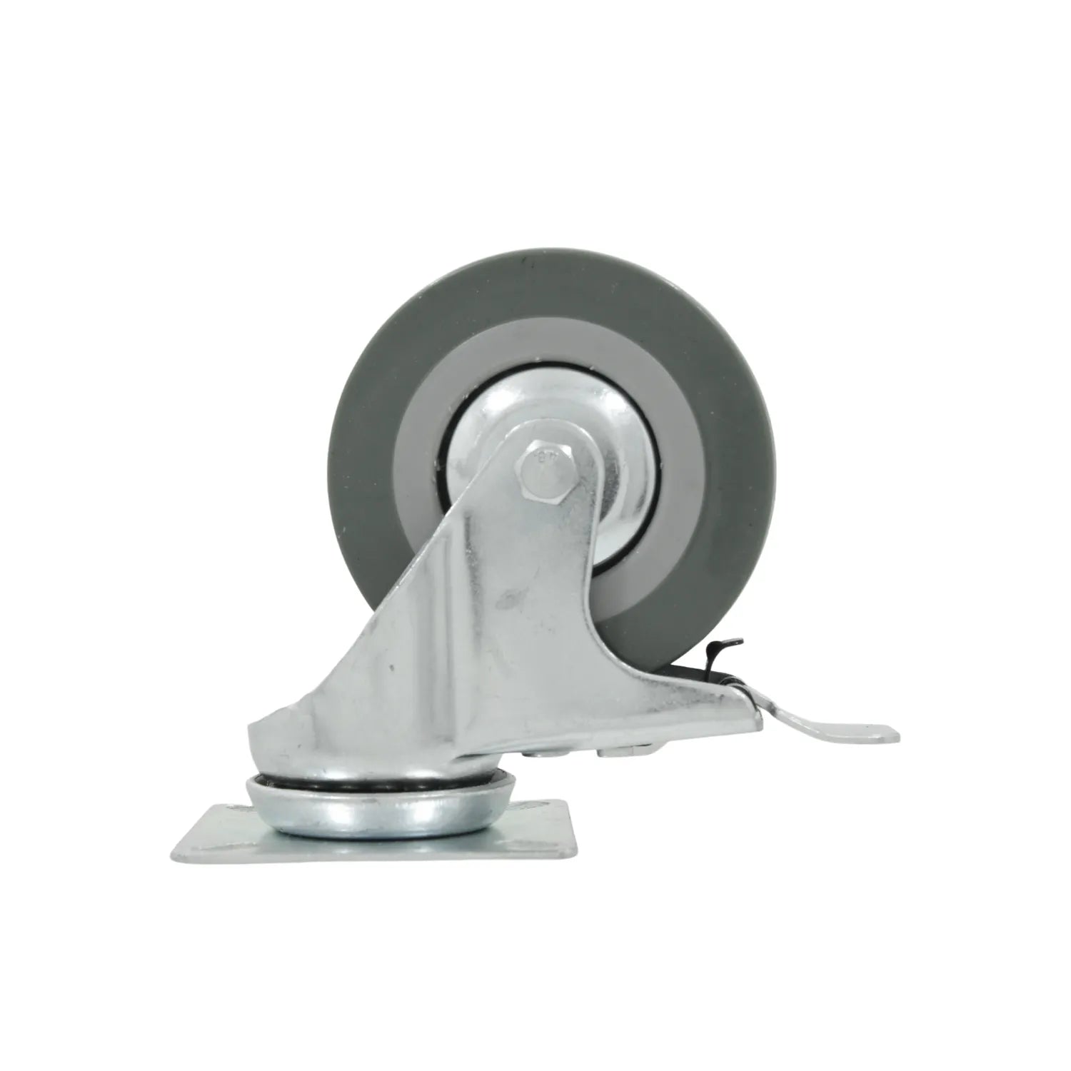 Rodaja giratoria de 3 pulgadas con freno, rueda gris de uso rudo y placa metálica para mobiliario.