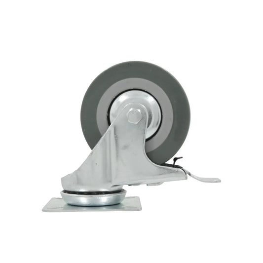 Rodaja giratoria de 3 pulgadas con freno, rueda gris de uso rudo y placa metálica para mobiliario.