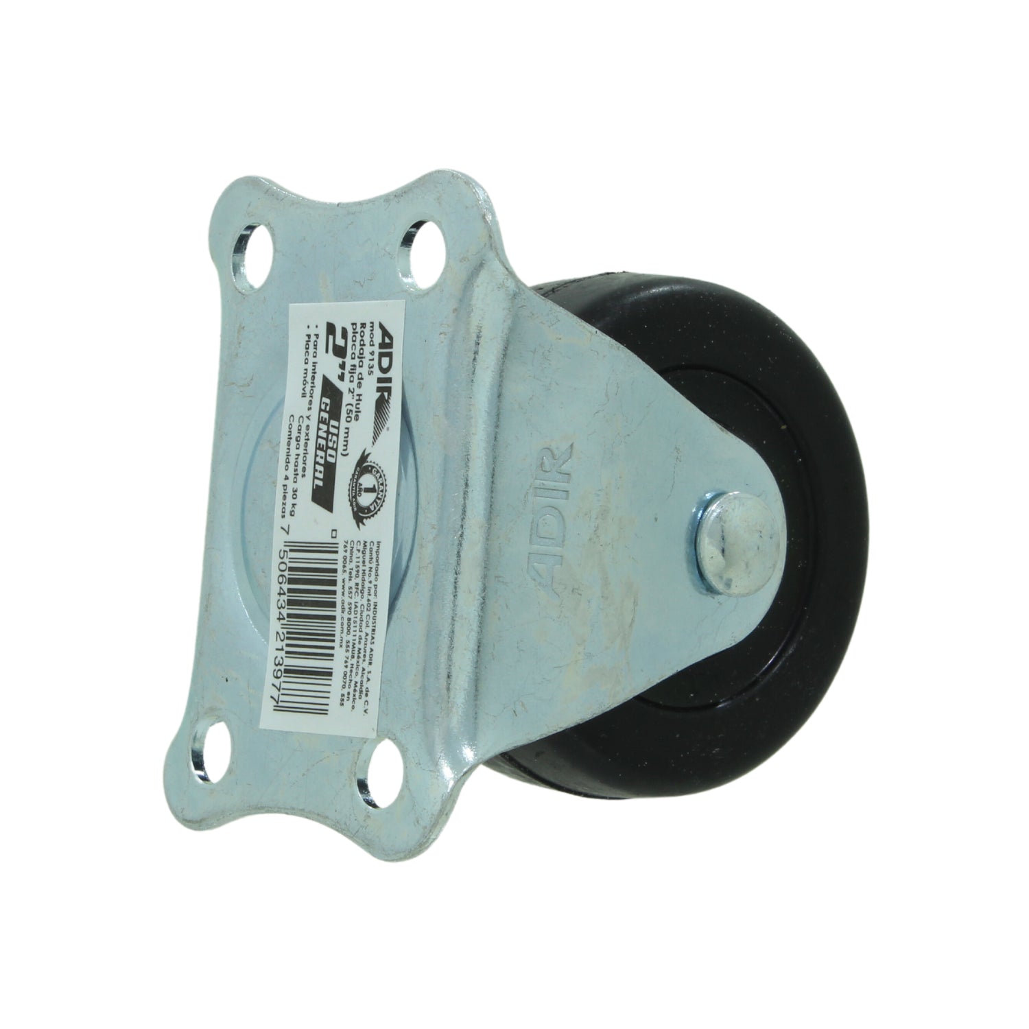 Rodaja Adir placa fija de hule negro 2 pulgadas (50mm), 30kg de carga, uso general