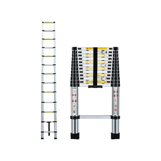Escalera telescópica de aluminio de 13 peldaños, plegada y extendida, portátil y segura, color plata y negro