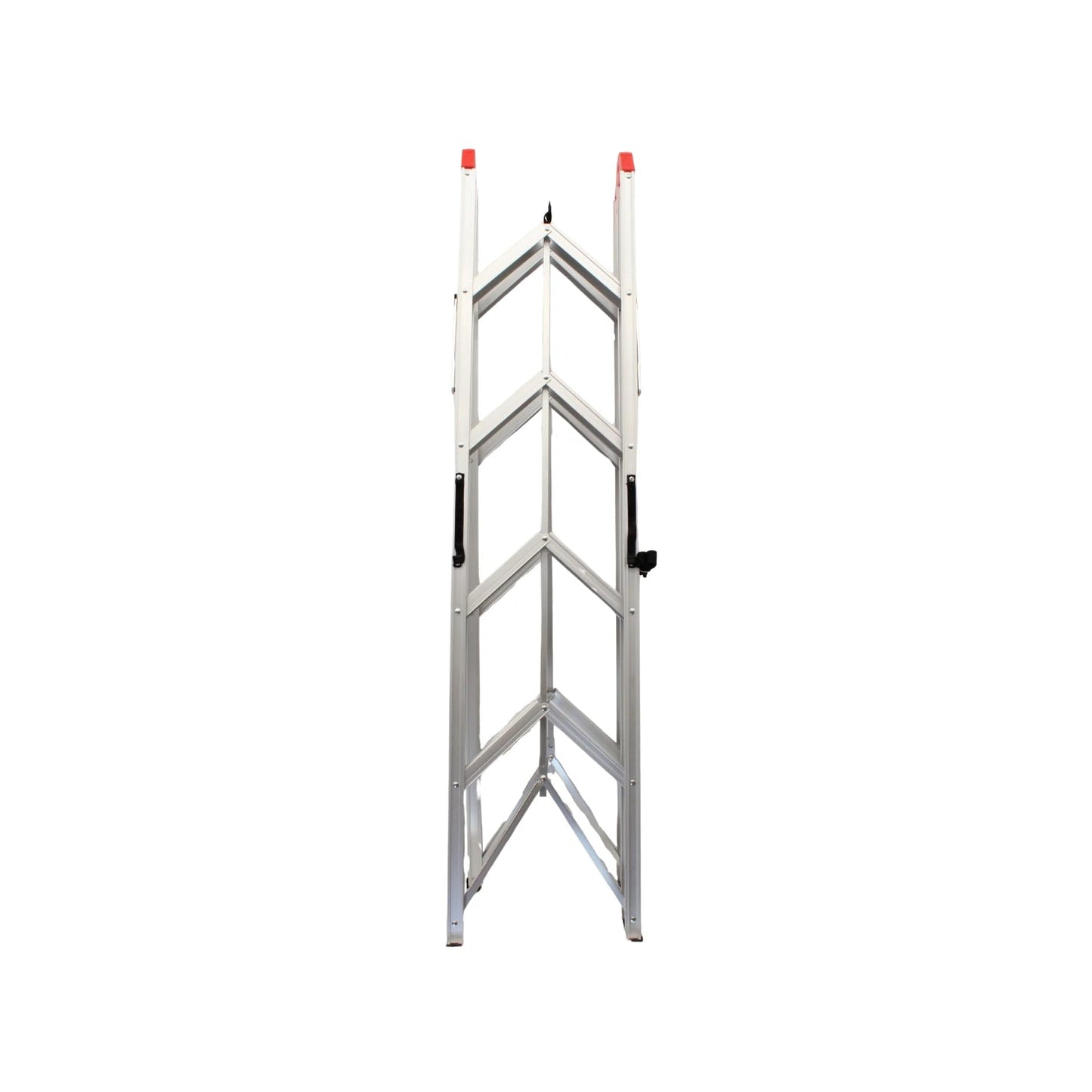 Escalera plegable de aluminio, diseño compacto, color plata, con topes de seguridad rojos