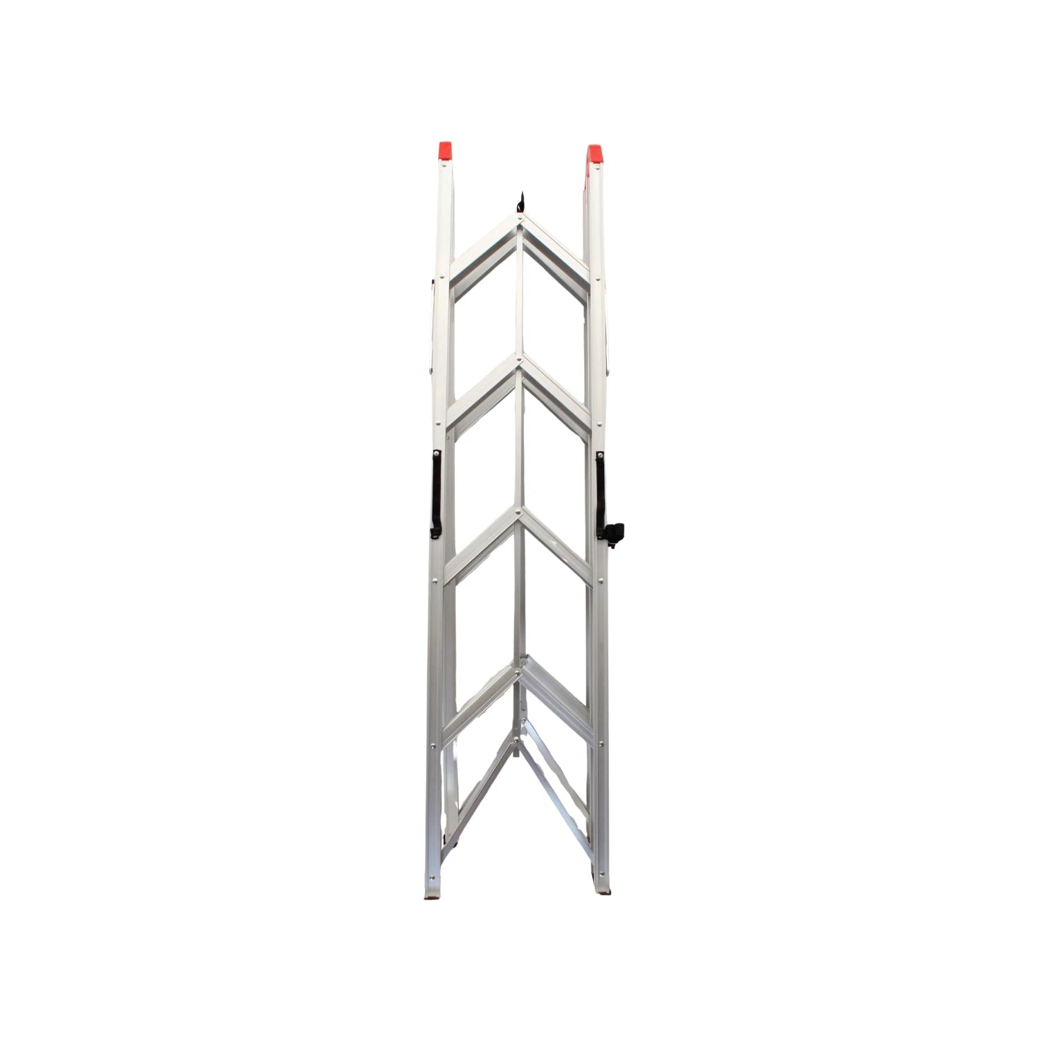 Escalera plegable de aluminio, diseño compacto, color plata, con topes de seguridad rojos