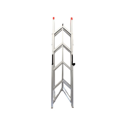 Escalera plegable de aluminio, diseño compacto, color plata, con topes de seguridad rojos