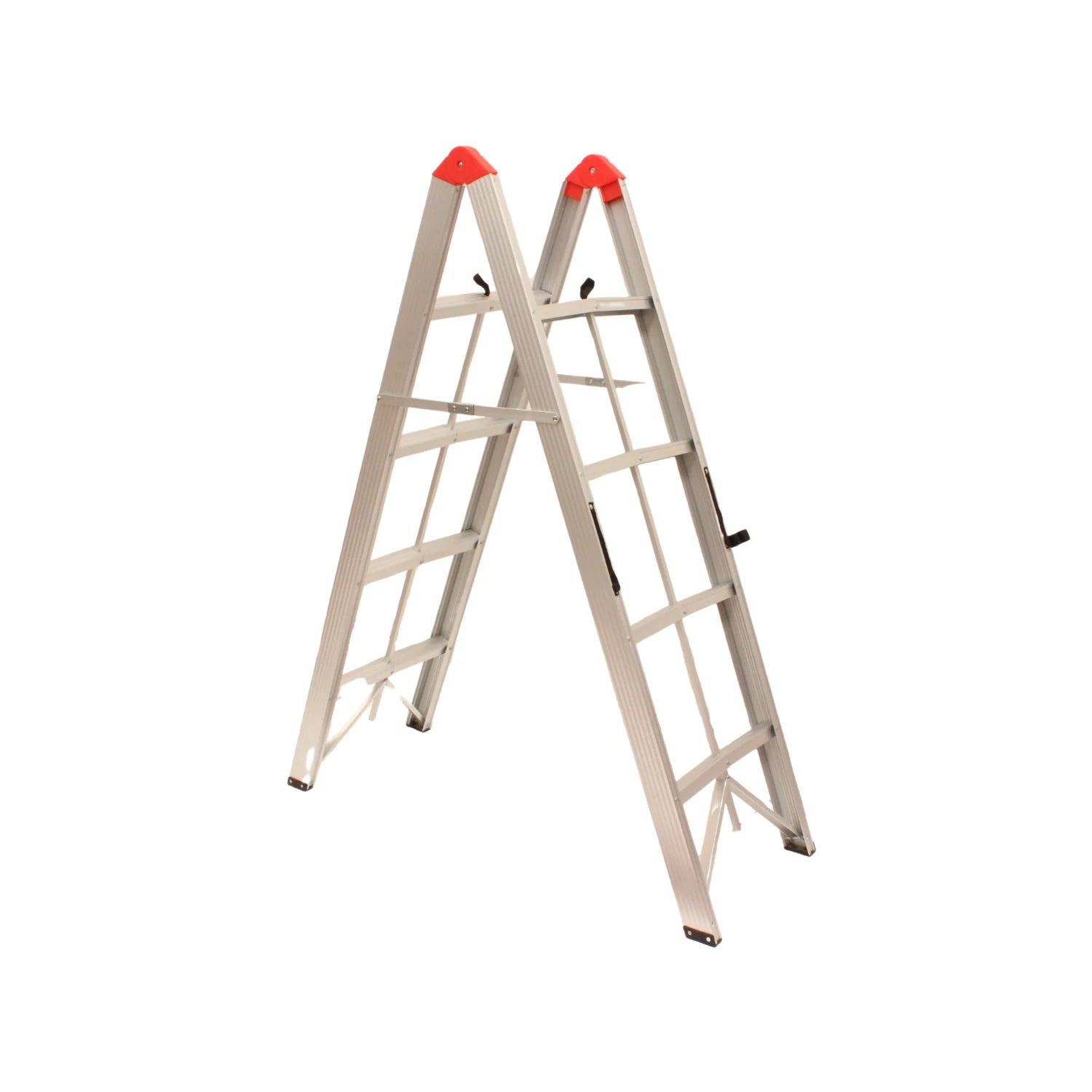 Escalera articulada de aluminio multiusos en posición tijera, con topes de seguridad rojos para trabajos.