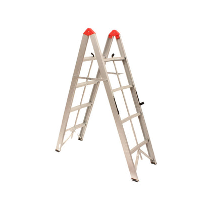Escalera articulada de aluminio multiusos en posición tijera, con topes de seguridad rojos para trabajos.
