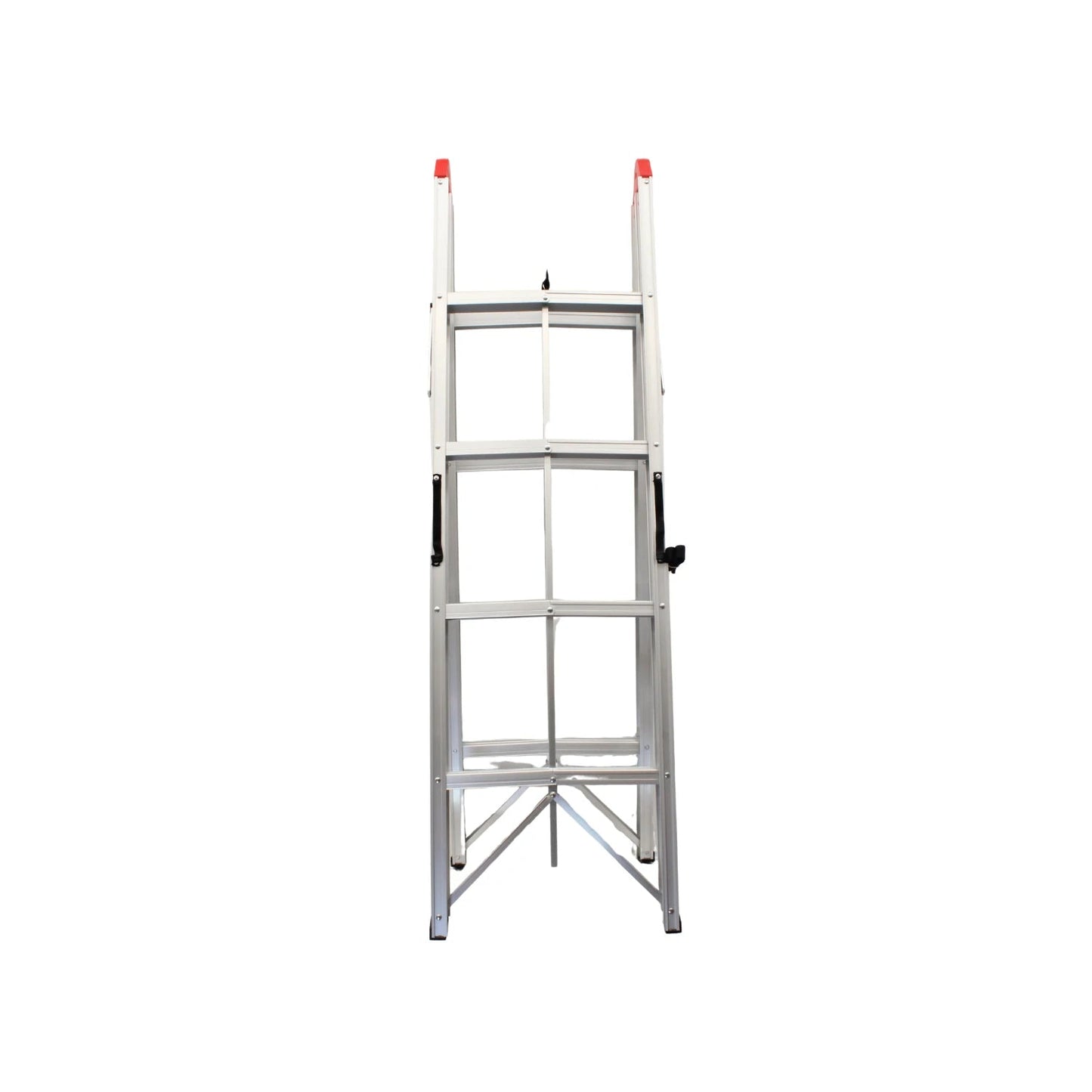 Escalera de aluminio gris plegable con 4 peldaños, compacta para hogar y almacenamiento.