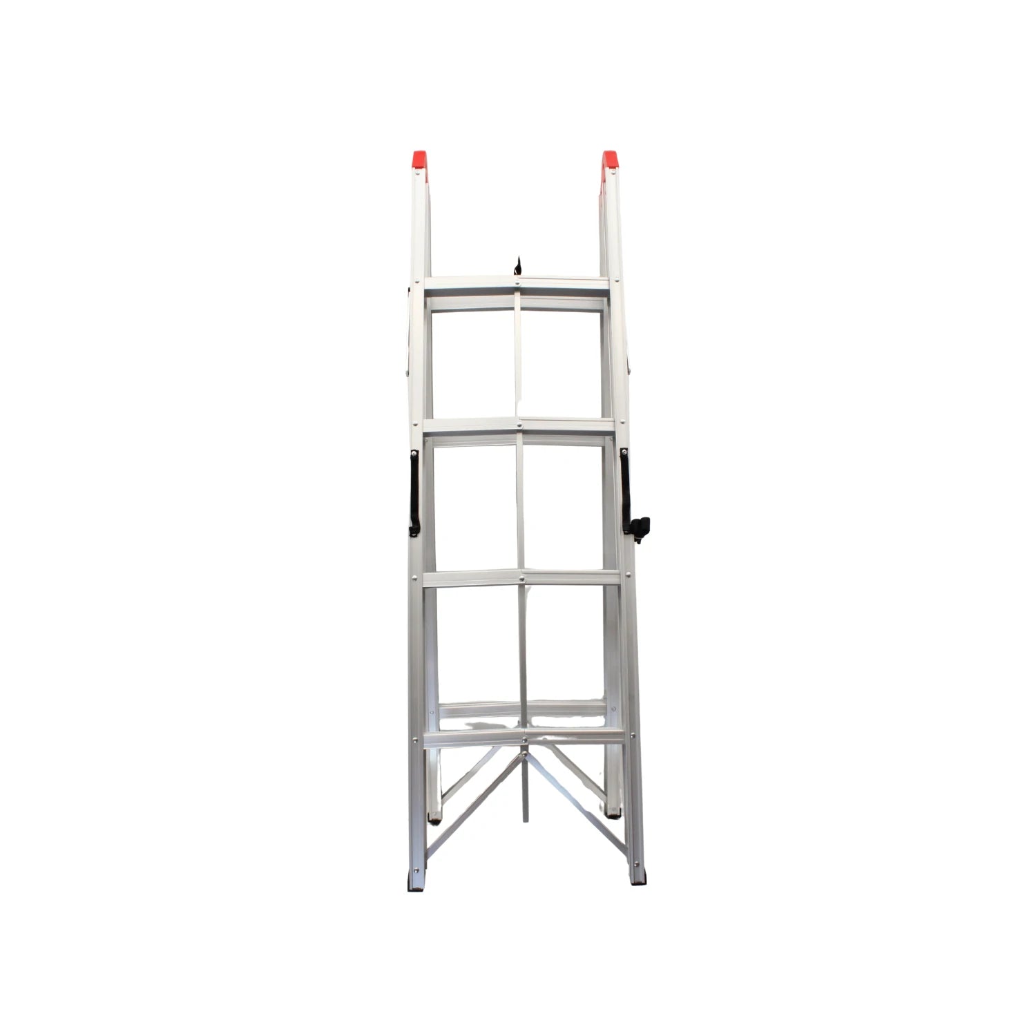 Escalera de aluminio gris plegable con 4 peldaños, compacta para hogar y almacenamiento.