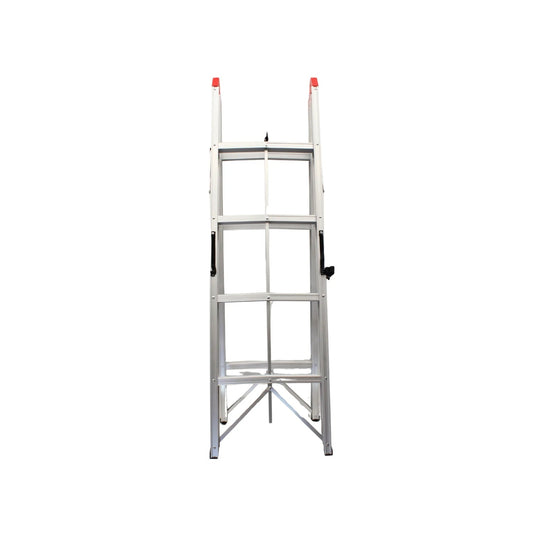 Escalera de aluminio gris plegable con 4 peldaños, compacta para hogar y almacenamiento.