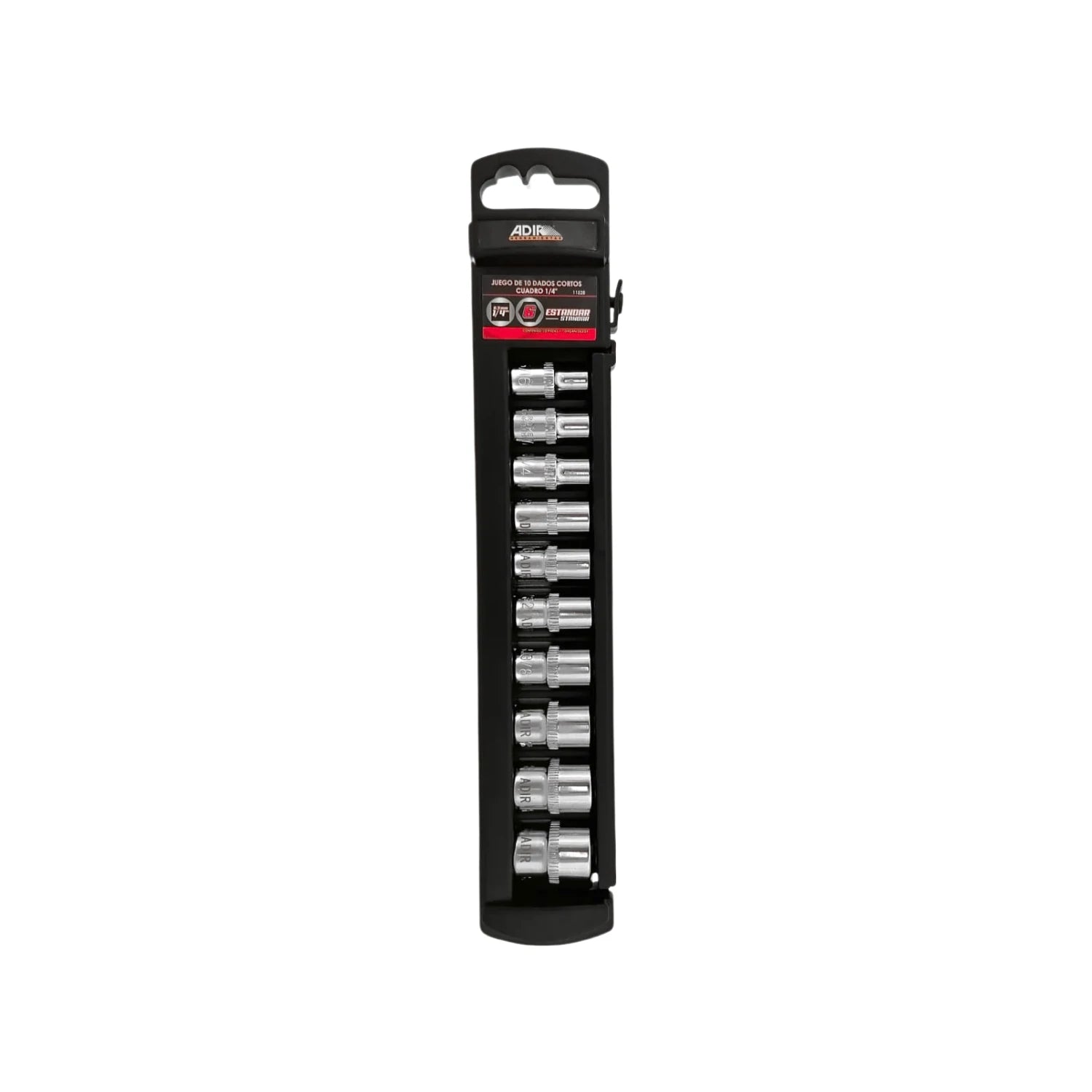 Juego de 10 dados cortos estándar Adir 1/4" cromados en organizador negro para mecánica