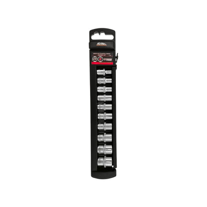 Juego de 10 dados cortos estándar Adir 1/4" cromados en organizador negro para mecánica