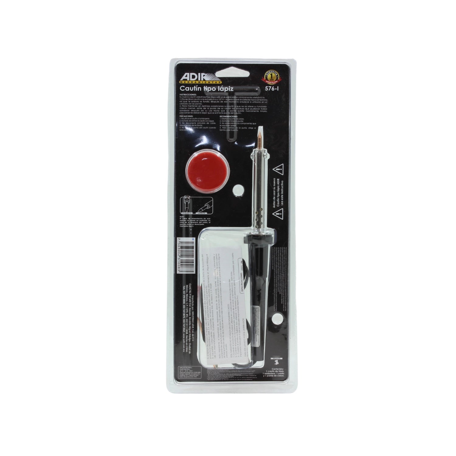 Cautín tipo lápiz Adir 576-I de 30W para soldadura electrónica, en blister con soldadura y soporte