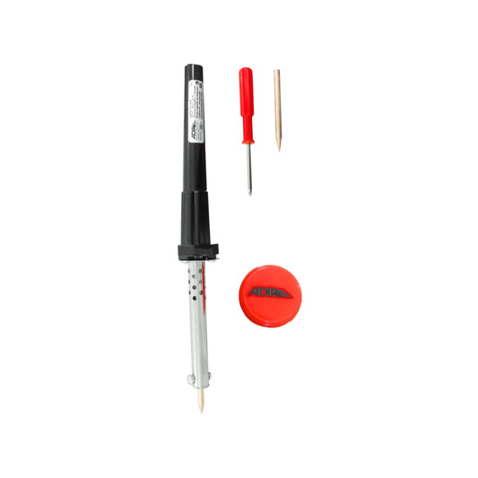 Cautín para soldar marca ADIR kit con destornillador, punta de repuesto y pasta para soldadura electrónica.