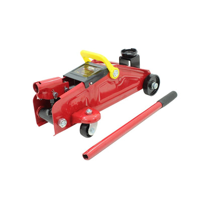 Gato de patín hidráulico rojo de 2 toneladas con ruedas y palanca, para levantar autos en taller o uso doméstico.