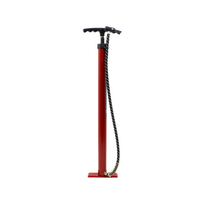 Inflador de aire manual rojo de piso con mango ergonómico negro para bicicletas y balones
