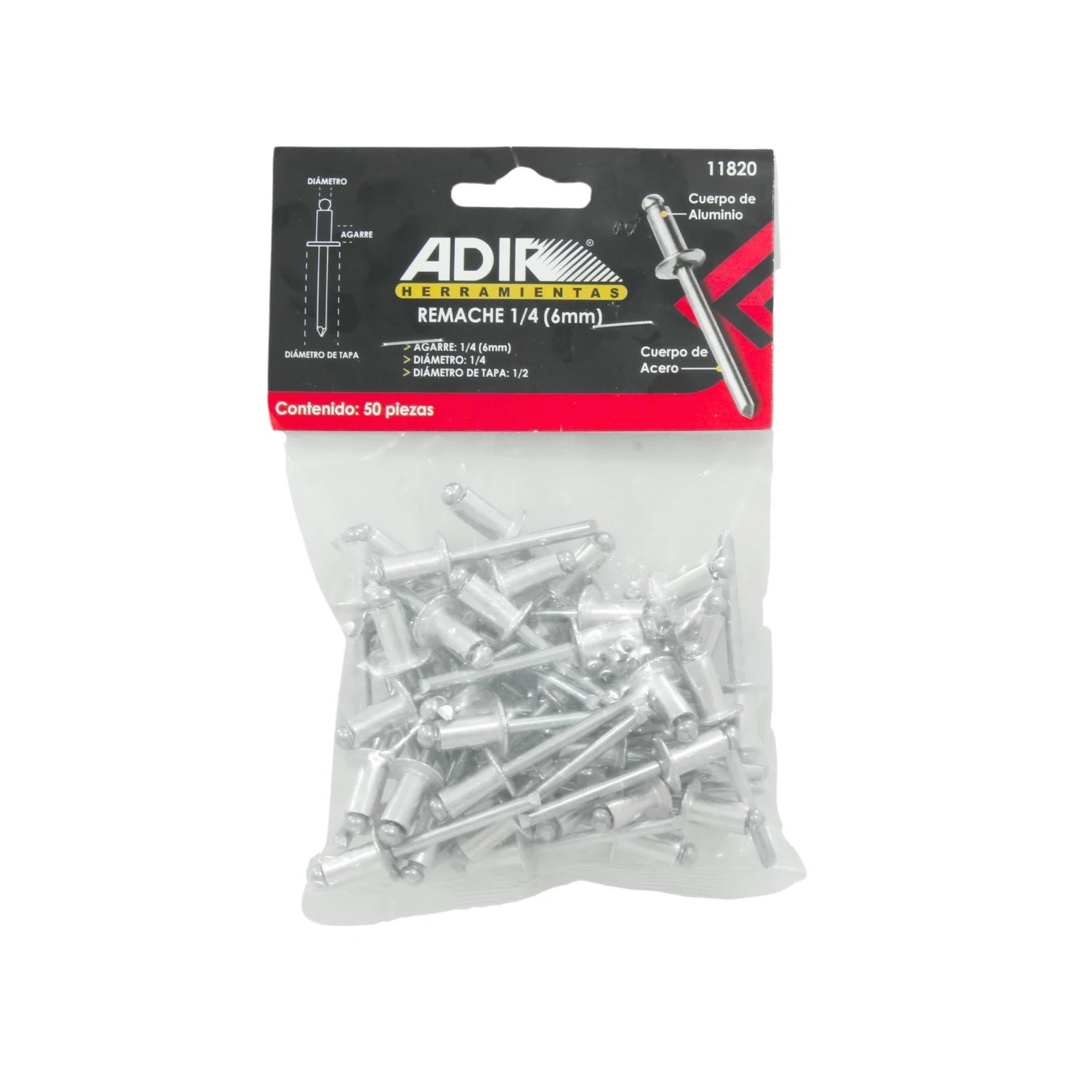 Remaches Adir 11820 de aluminio y acero, 1/4" (6mm) diámetro, agarre 1/4", 50 piezas