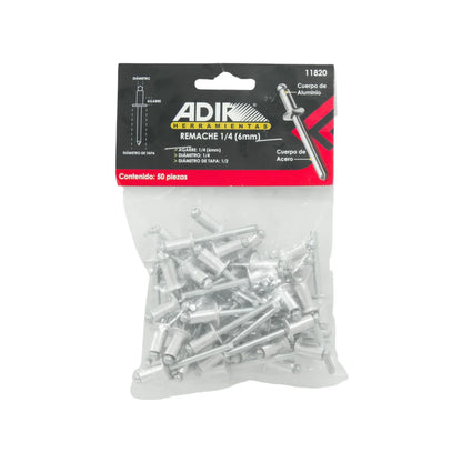 Remache 1/4"x1/2"x1/4" (06 mm) 50 piezas Adir 11820