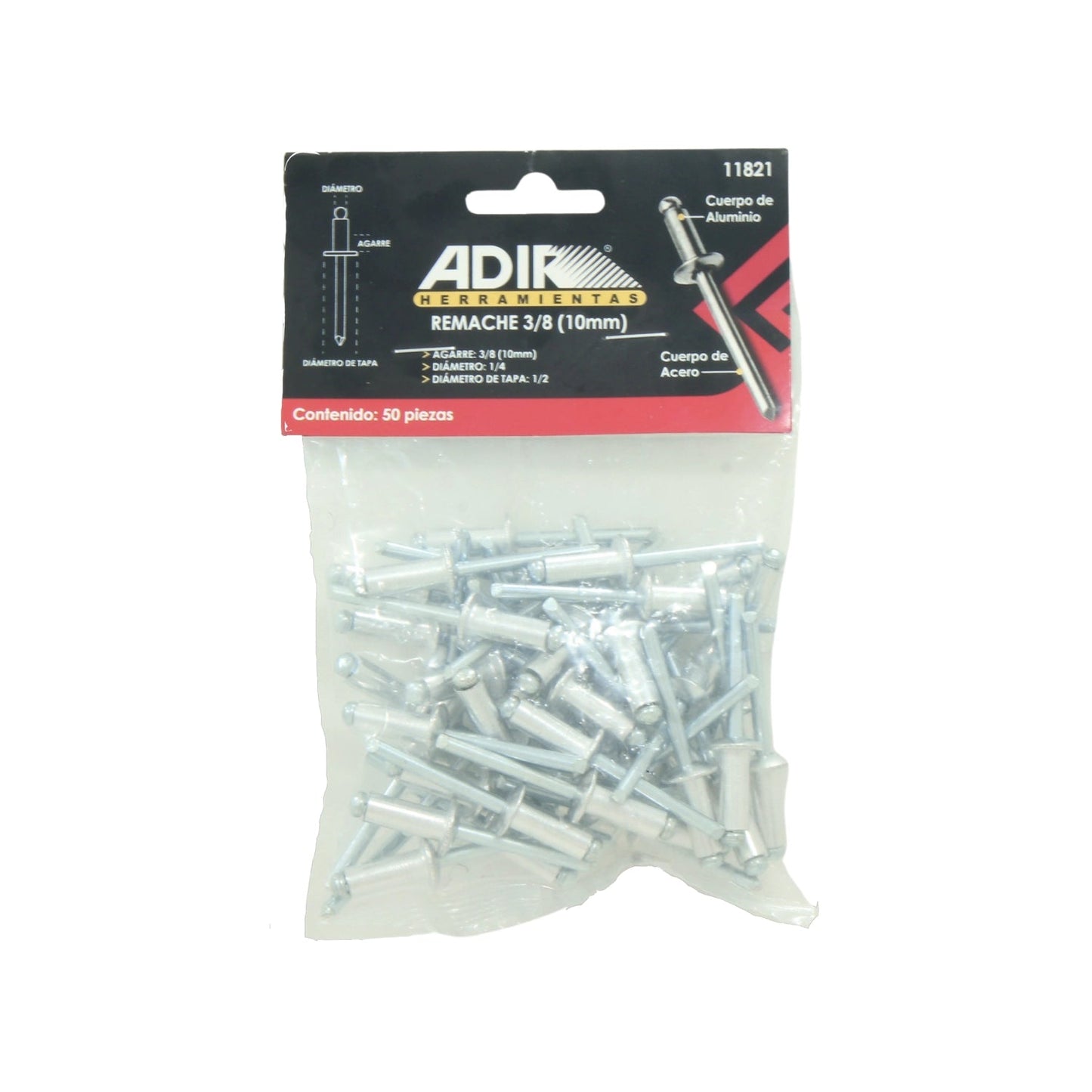Remaches pop Adir de aluminio 1/4" x 1/2" con agarre 3/8" (10mm), vástago de acero, paquete 50 piezas