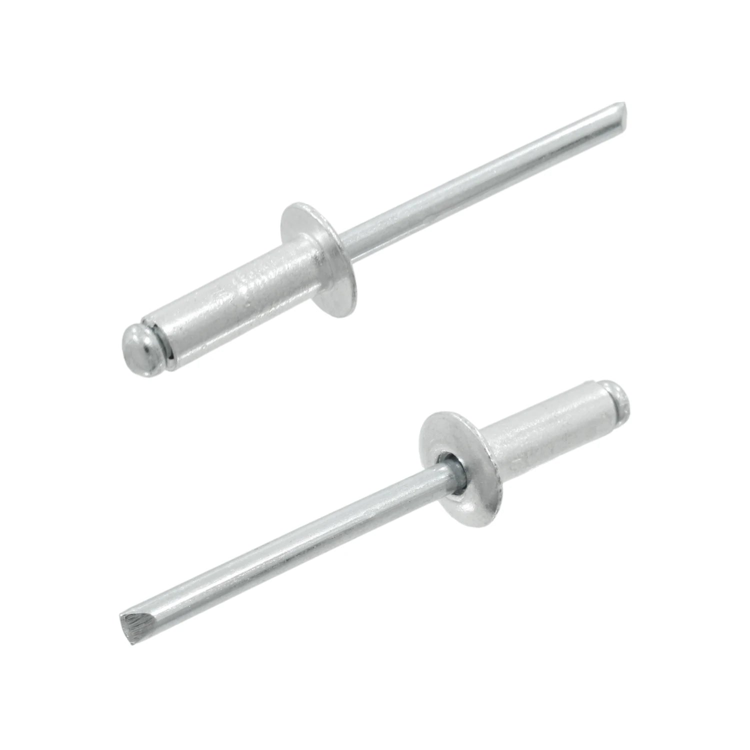 Remaches ciegos de aluminio plateado 3/16 pulgadas, ideales para fijación y ensamblaje de materiales.