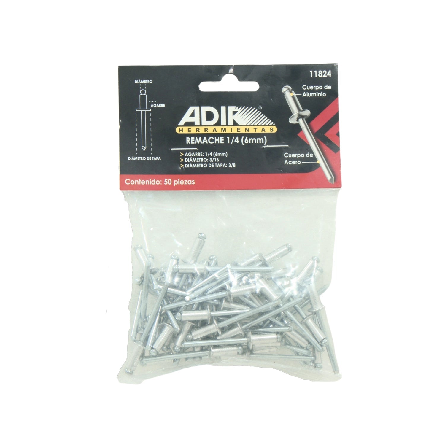 Remaches pop Adir de aluminio/acero 3/16"x3/8" con agarre 1/4" (6mm) plateados, bolsa de 50 piezas