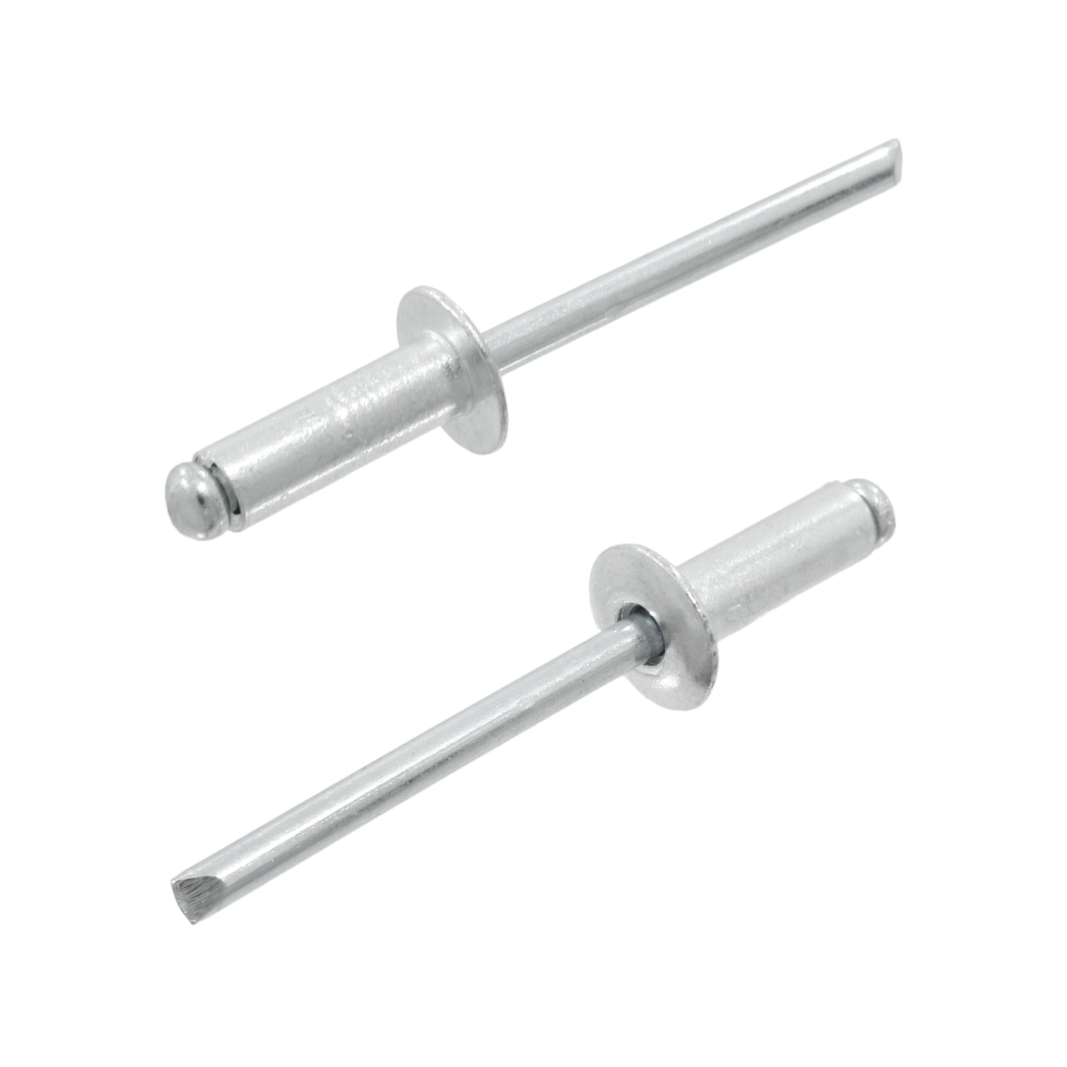 Dos remaches ciegos pop de aluminio 3/16 pulgadas plateados para fijación en metal, madera y plástico.