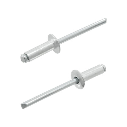 Remaches ciegos pop de aluminio 3/16"x1/2" plateados para ensamblaje y fijación.