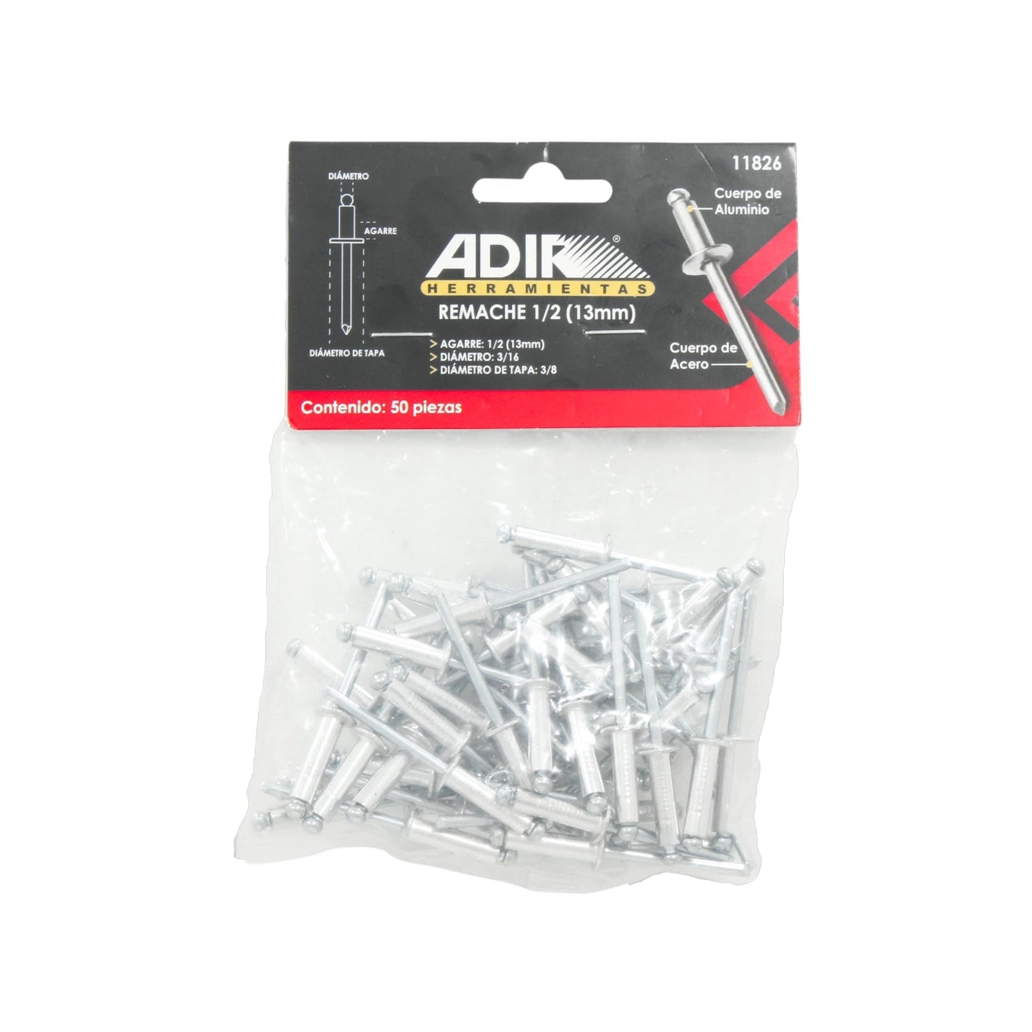 Remaches de aluminio con vástago de acero Adir 3/16"x1/2" (13mm) agarre, 50 piezas.