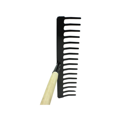 Rastrillo jardinero de 16 dientes, cabeza de metal negro y mango de madera para jardín