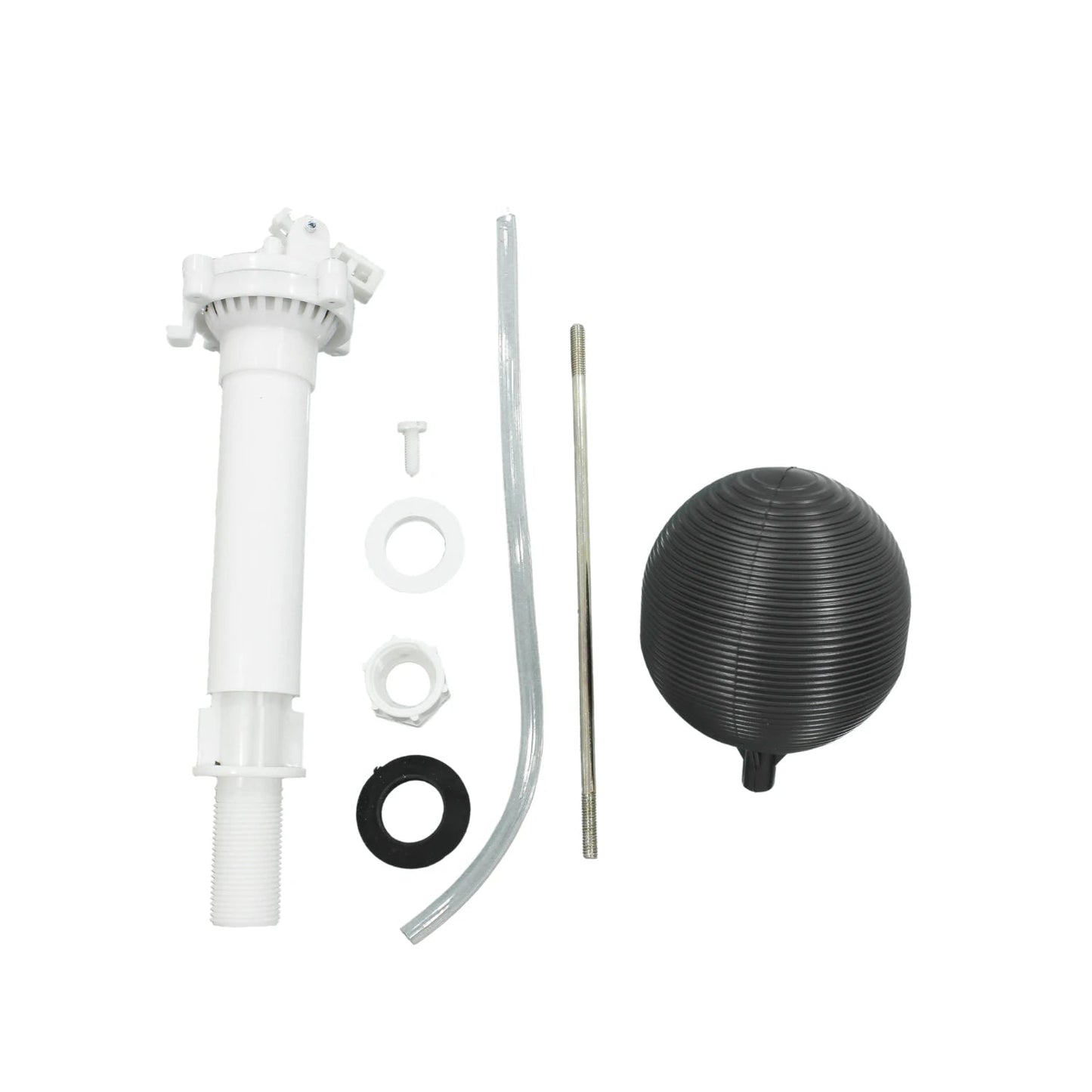 Kit de reparación de inodoro con válvula de llenado blanca, flotador de bola negro, tubo de recarga y empaques.