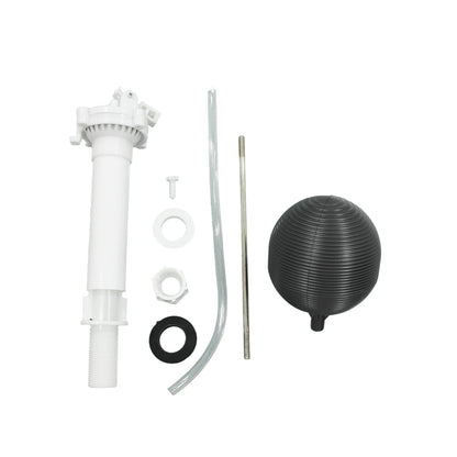 Kit de reparación de inodoro con válvula de llenado blanca, flotador de bola negro, tubo de recarga y empaques.