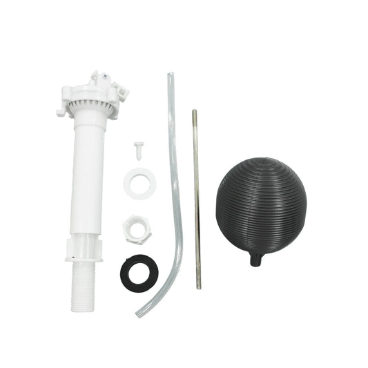 Kit de reparación de inodoro con válvula de llenado blanca, flotador de bola negro, tubo de recarga y empaques.
