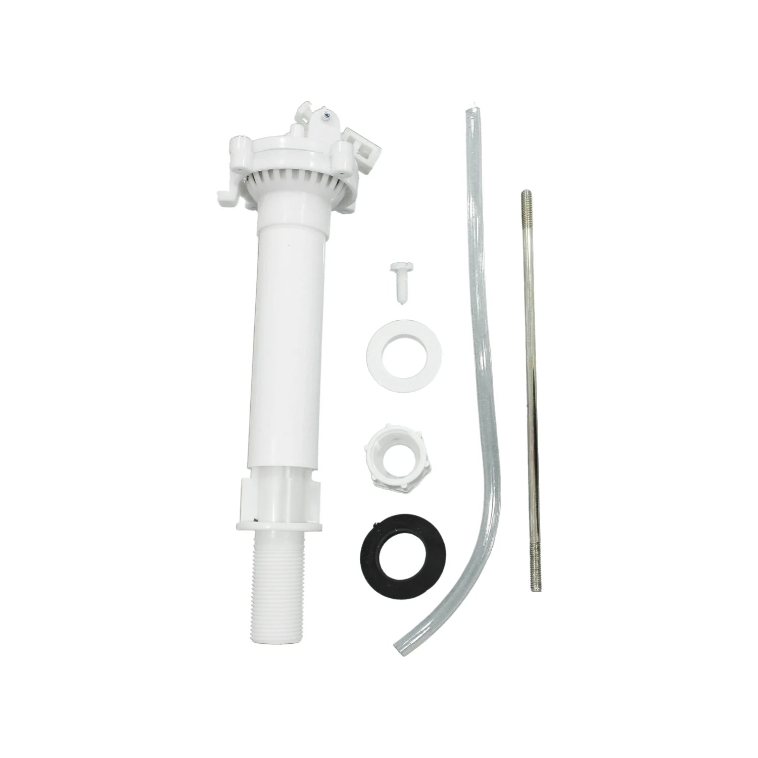 Kit de válvula de llenado blanco para inodoro, incluye tubo de recarga, tornillo, tuerca y empaques para reparación de cisterna.