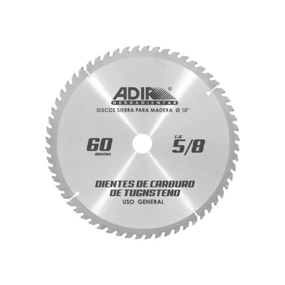 Disco sierra circular ADIK 10 pulgadas para madera, 60 dientes de carburo de tungsteno, eje 5/8 uso general