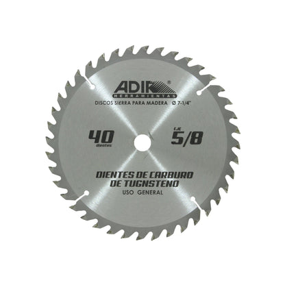 Disco sierra circular Adir 7-1/4" para madera 40 dientes de carburo de tungsteno, eje 5/8"