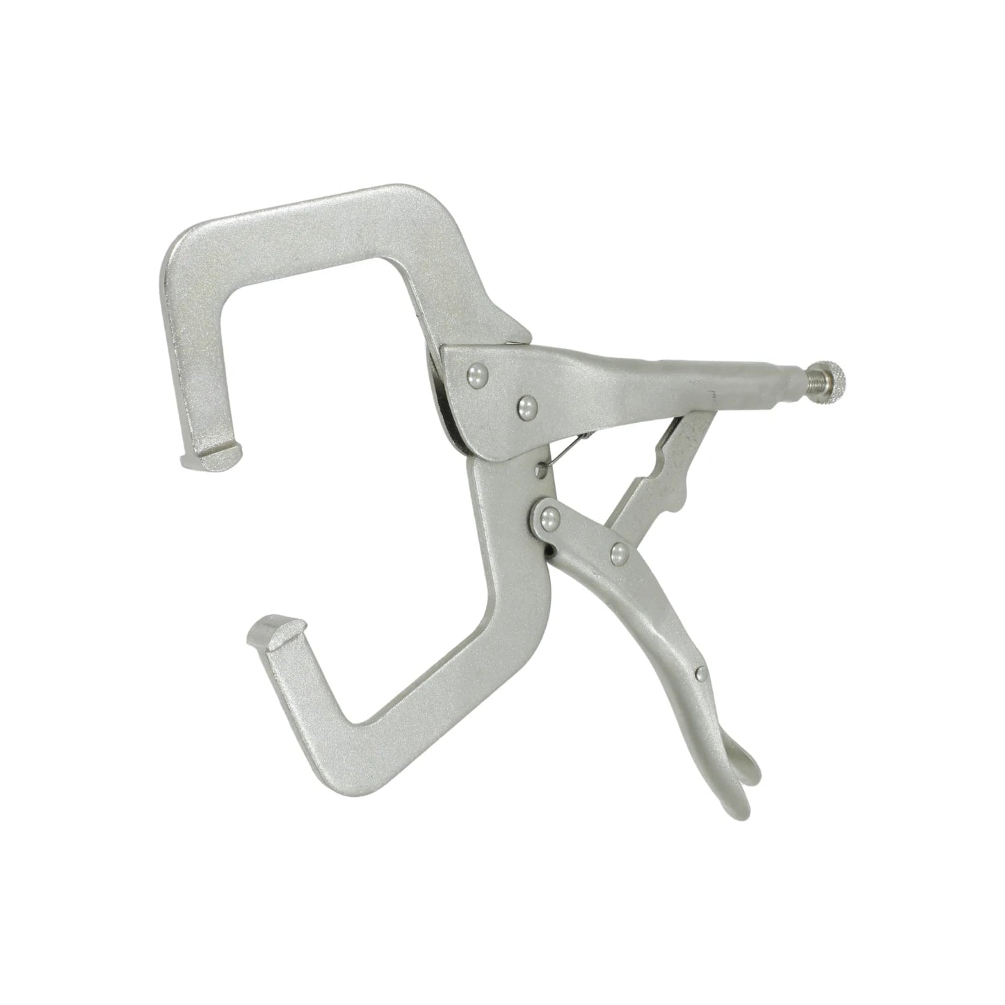 Pinza de presión tipo C metálica para sujeción y agarre firme, ideal para trabajos de soldadura y carpintería.