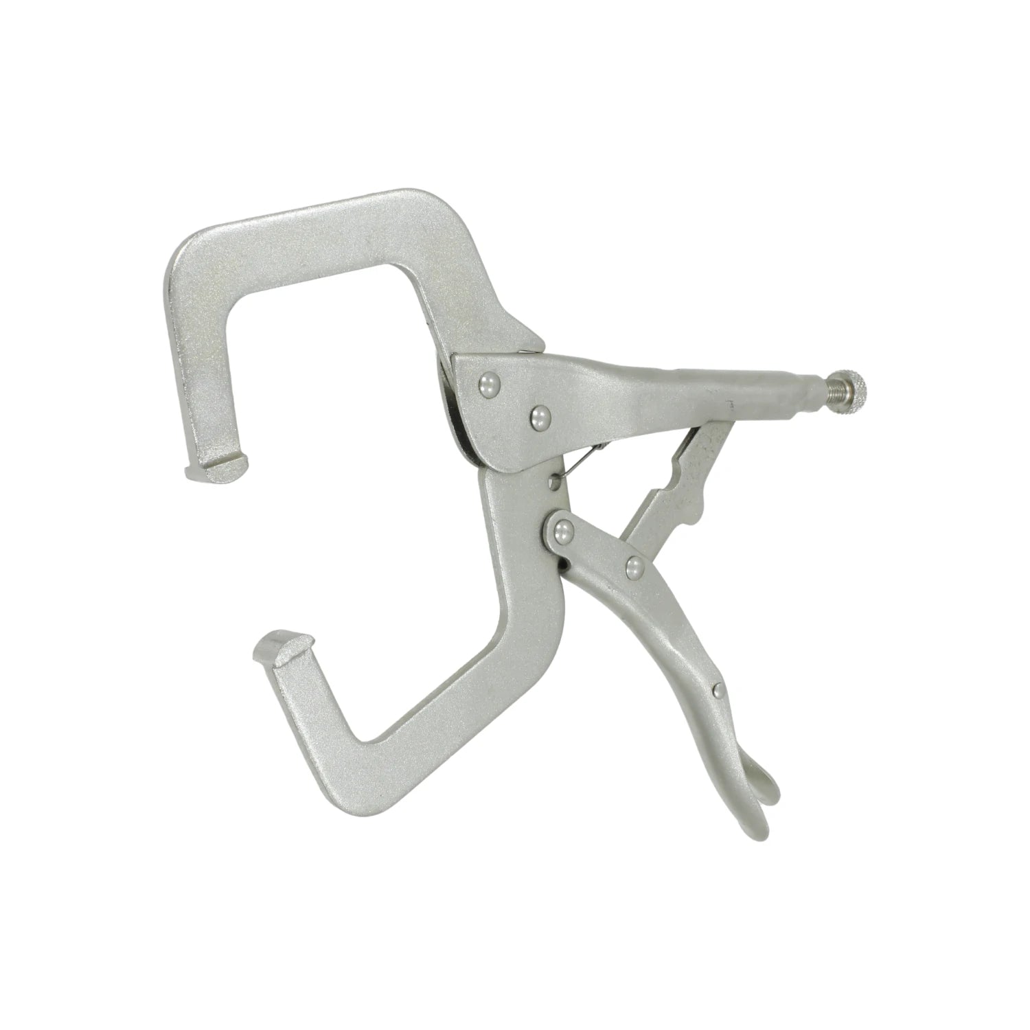 Pinza de presión tipo C metálica para sujeción y agarre firme, ideal para trabajos de soldadura y carpintería.