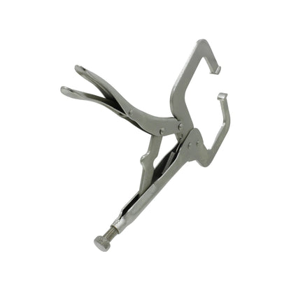 Pinza de presión tipo C cromada con mandíbulas profundas y tornillo de ajuste para agarre fuerte y preciso.