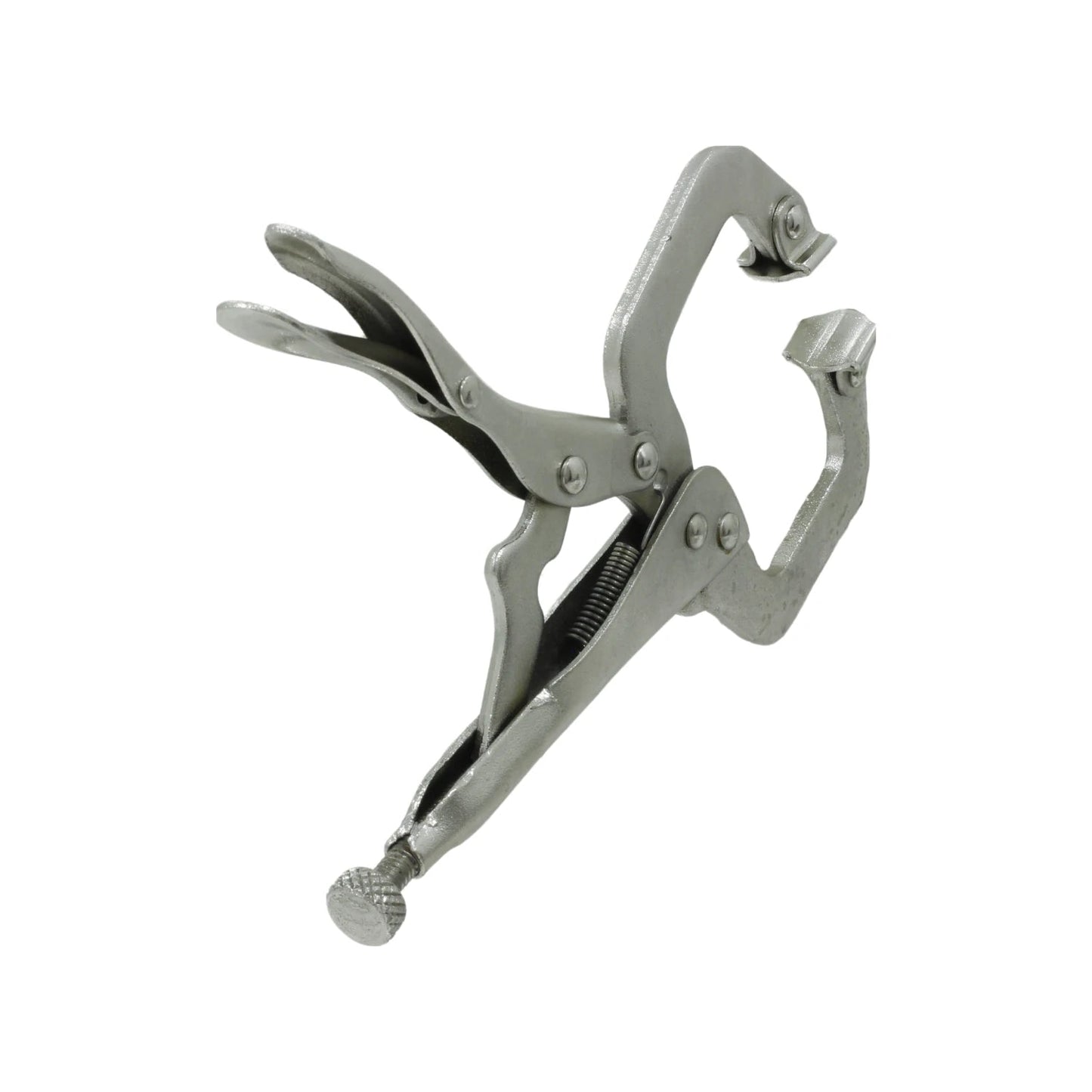 Pinza de presión tipo C de acero para soldadura, carpintería y sujeción. Mordaza ancha ajustable, acabado metálico.