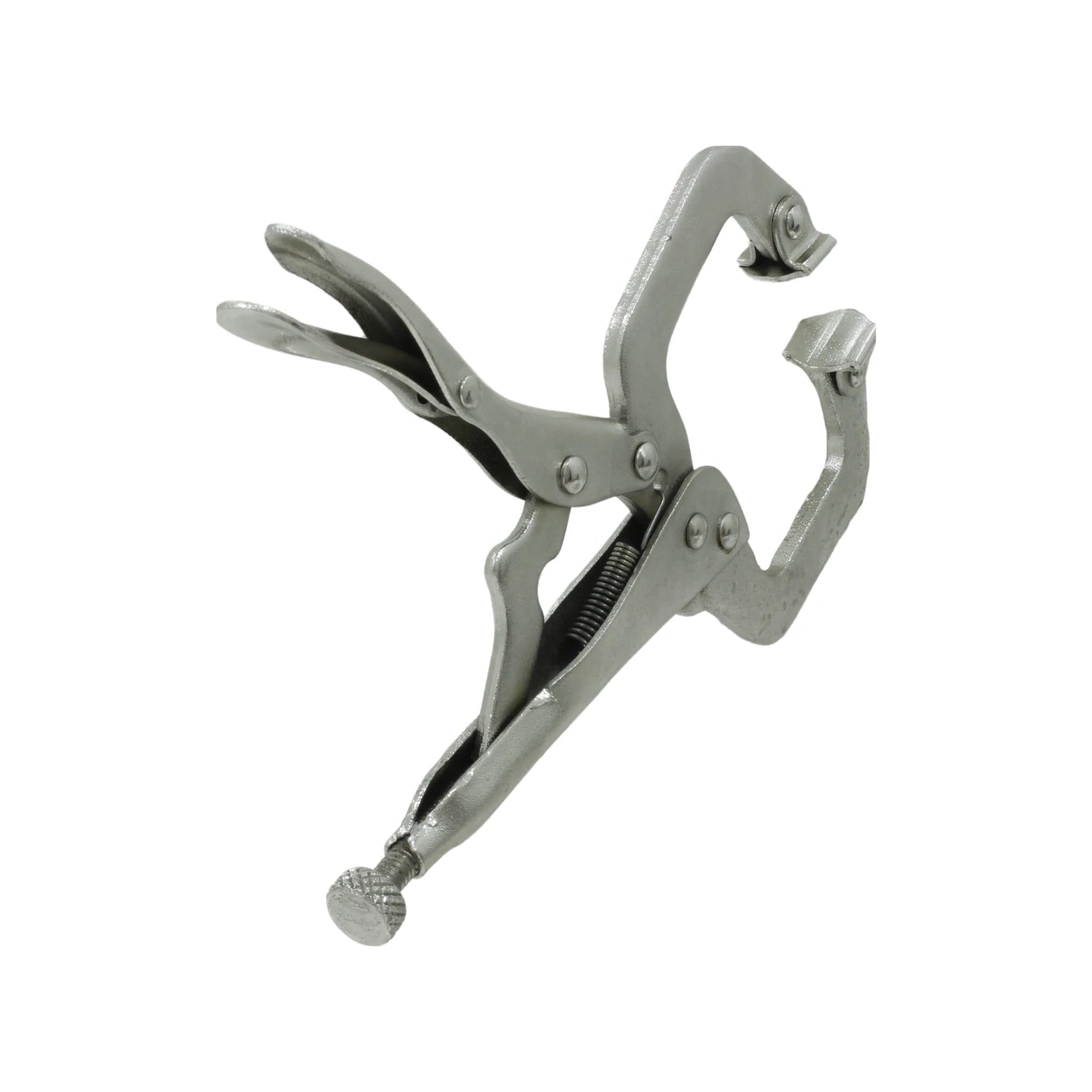 Pinza de presión tipo C de acero para soldadura, carpintería y sujeción. Mordaza ancha ajustable, acabado metálico.