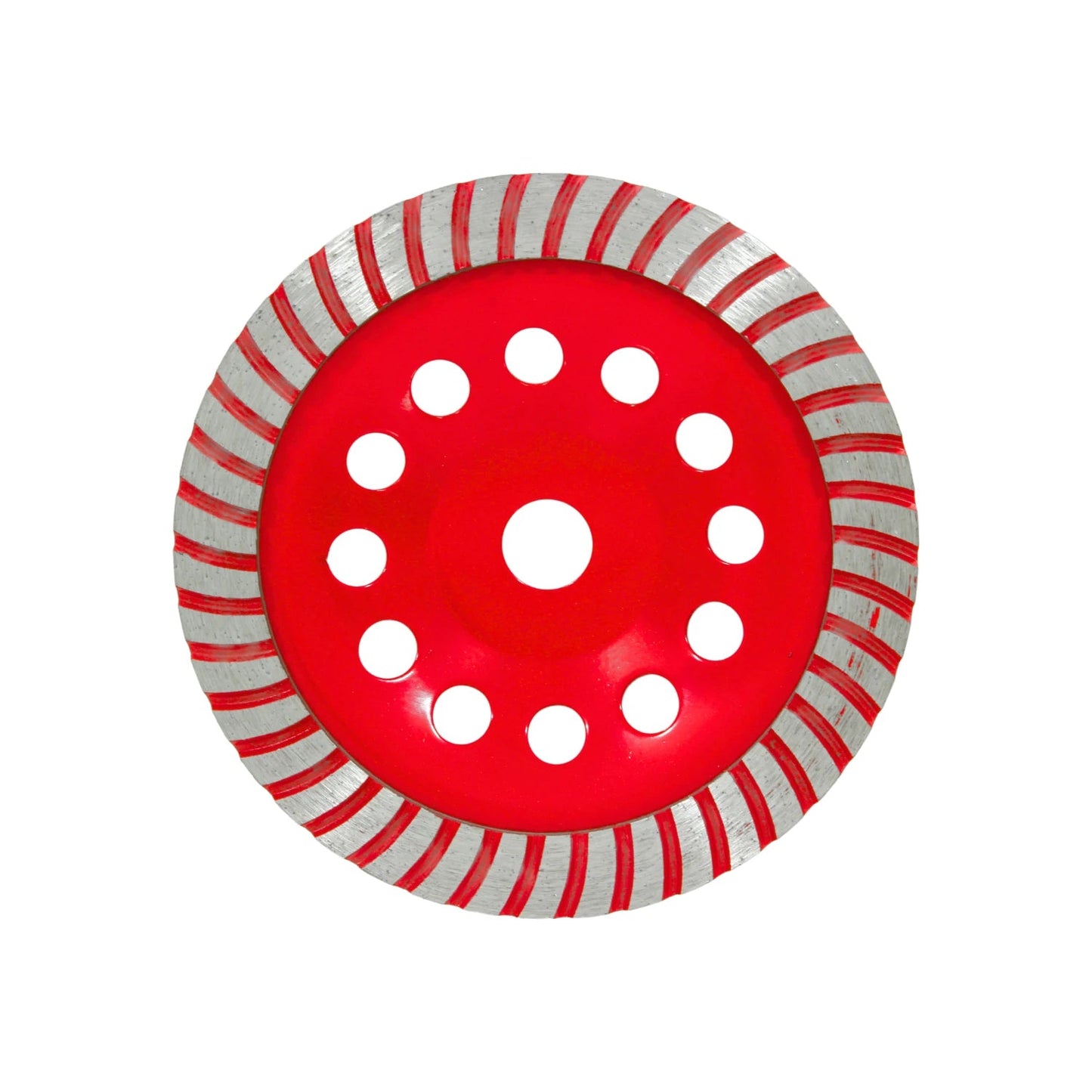 Copa diamante turbo roja con segmentos plateados, ideal para desbaste de concreto, piedra y mampostería