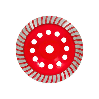 Copa diamante turbo roja con segmentos plateados, ideal para desbaste de concreto, piedra y mampostería