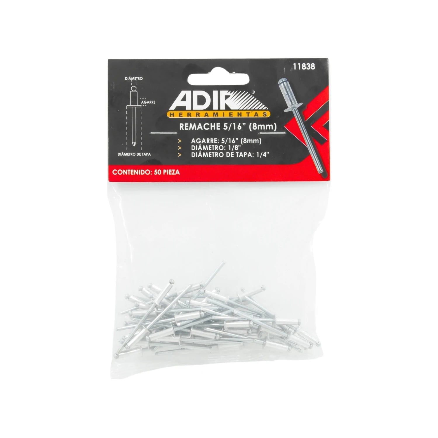 Remaches de aluminio Adir, 50 piezas, agarre 5/16" (8mm), diámetro 1/8", cabeza 1/4" para fijación
