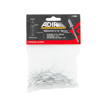Remaches de aluminio Adir, 50 piezas, agarre 5/16" (8mm), diámetro 1/8", cabeza 1/4" para fijación