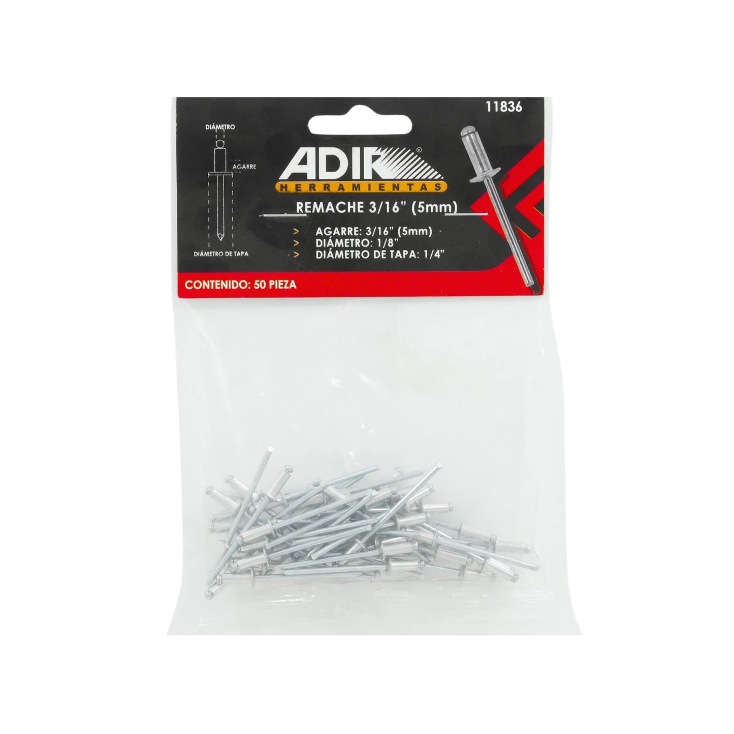 Remaches ciegos de aluminio Adir 3/16" (5mm) de agarre, 1/8" de diámetro, 1/4" de cabeza, 50 piezas