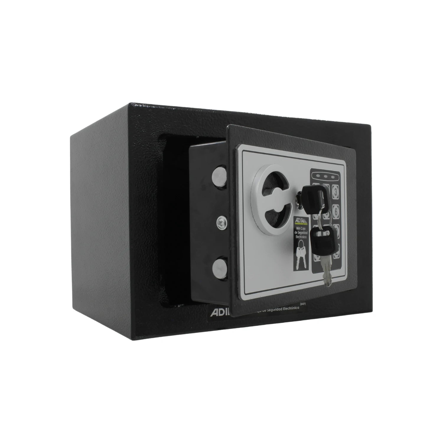 Caja de seguridad electrónica Adir 341 negra, con cerradura digital y llaves, ideal para proteger valores.
